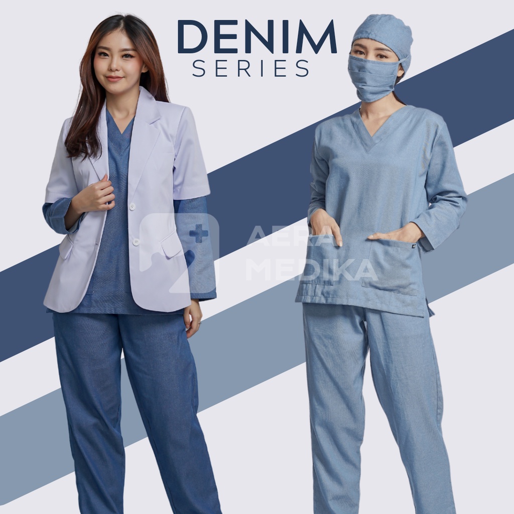 (DENIM BASIC) - Seragam Jaga / Baju OK / Oka / Baju Medis / Baju Perawat / Dokter / Seragam klinik / Baju jaga Lengan Panjang - AERAMEDIKA