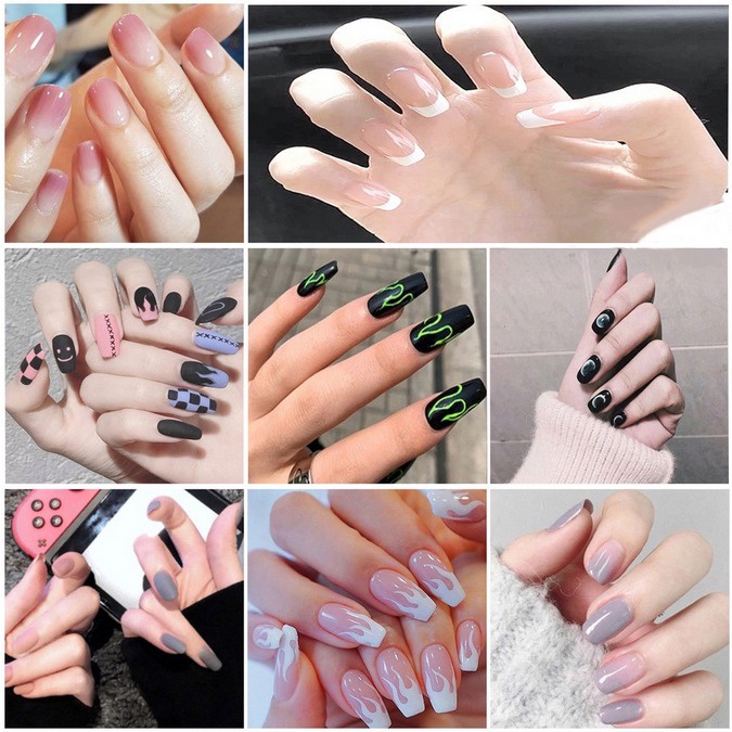 SHW - 24pcs kuku palsu pendek nail art kuku palsu jepit kuku set lem kuku palsu kuat nails kuku pals