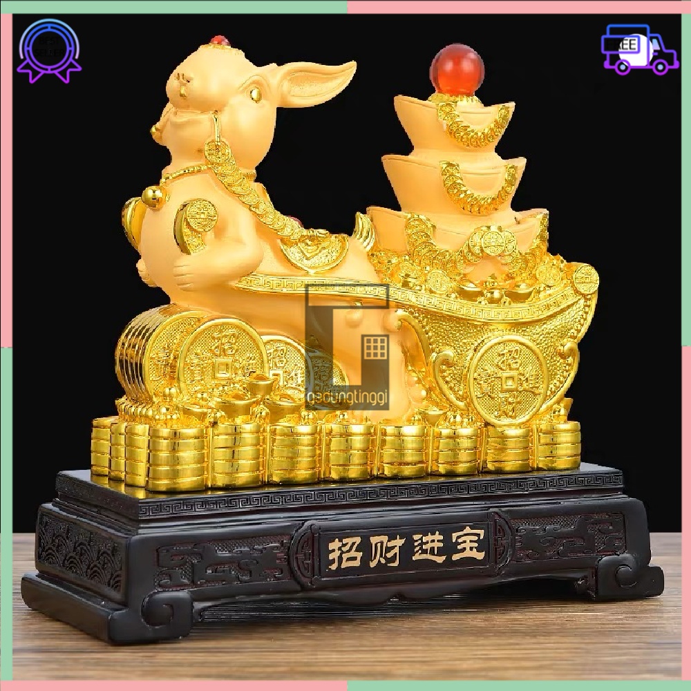 Pajangan Patung Hiasan Dekorasi Kado Hadiah Imlek Sincia Feng Shui Shio Sio Sheshio Hewan 12 Animal Zodiak Bintang Rabbit Rejeki Keberuntungan Fengshui Tahun Baru Cina Sio Kelinci Yenpao Yuanbao Kantong Uang Duit 2023 Gold Emas Kuningan Doff Besar Jumbo