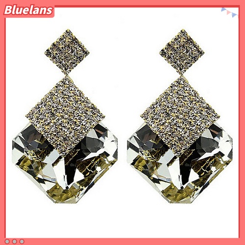 Bluelans Anting Tusuk Gantung Bentuk Kotak Besar Hias Berlian Imitasi Untuk Wanita
