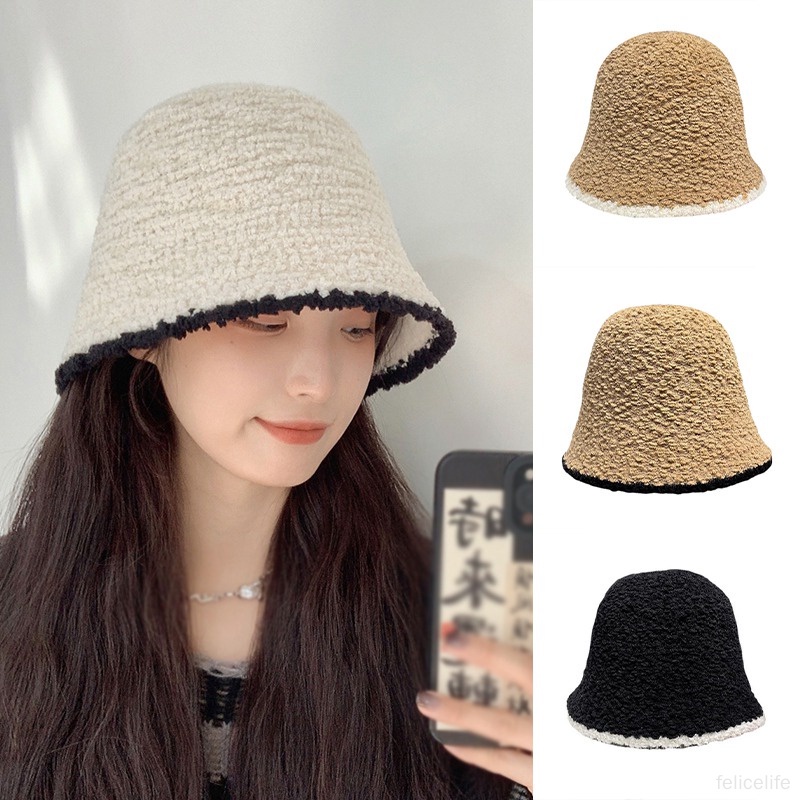 Topi Bucket Wanita Bahan Rajut Warna Polos Untuk Musim Dingin