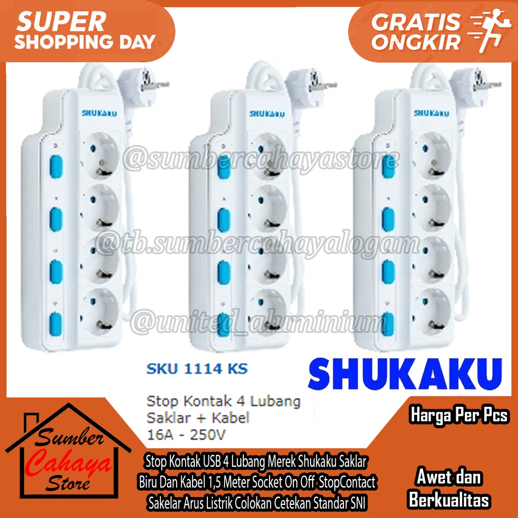 SHUKAKU StopContact Stop Kontak USB 4 Lubang Merek Merk Kabel 1,5 Meter M Mter Saklar Biru Socket To