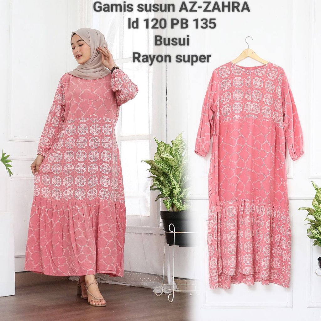 GAMIS RAYON AZ-ZAHRA MODEL SUSUN JUMBO LD 120 MOTIF SOFT RESLETING DEPAN KEKINIAN BATIK CAP PEKALONGAN