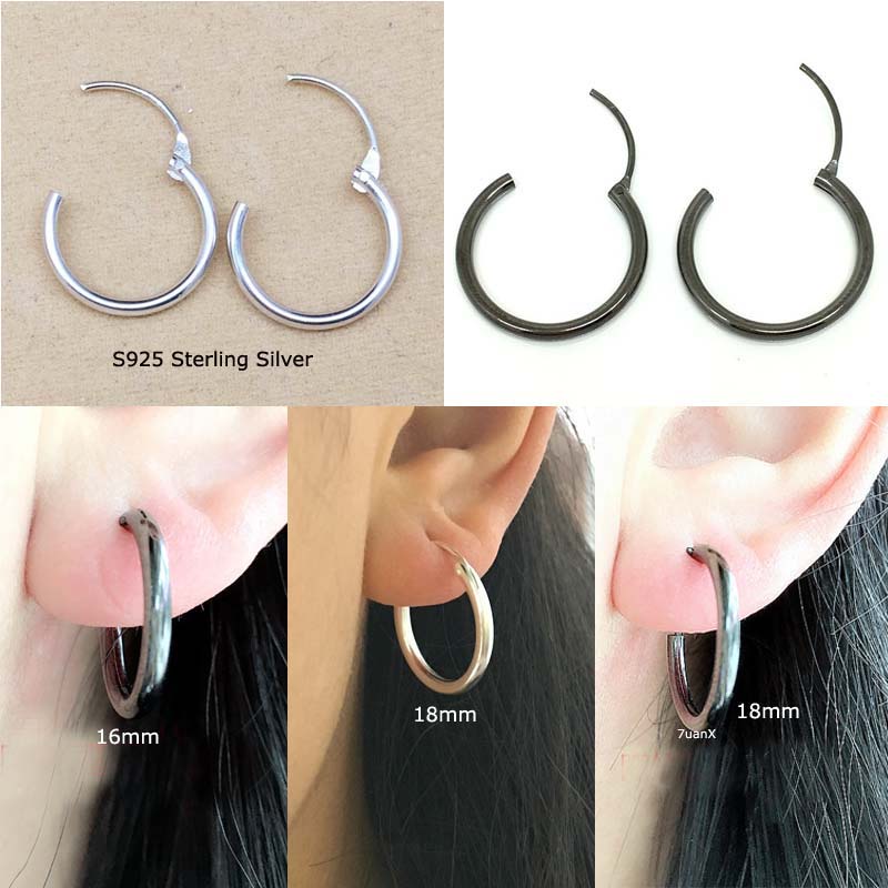 1 Pasang Anting Hoop Hypoallergenic Bahan 925 Sterling Silver Ukuran 14-20mm Warna Hitam