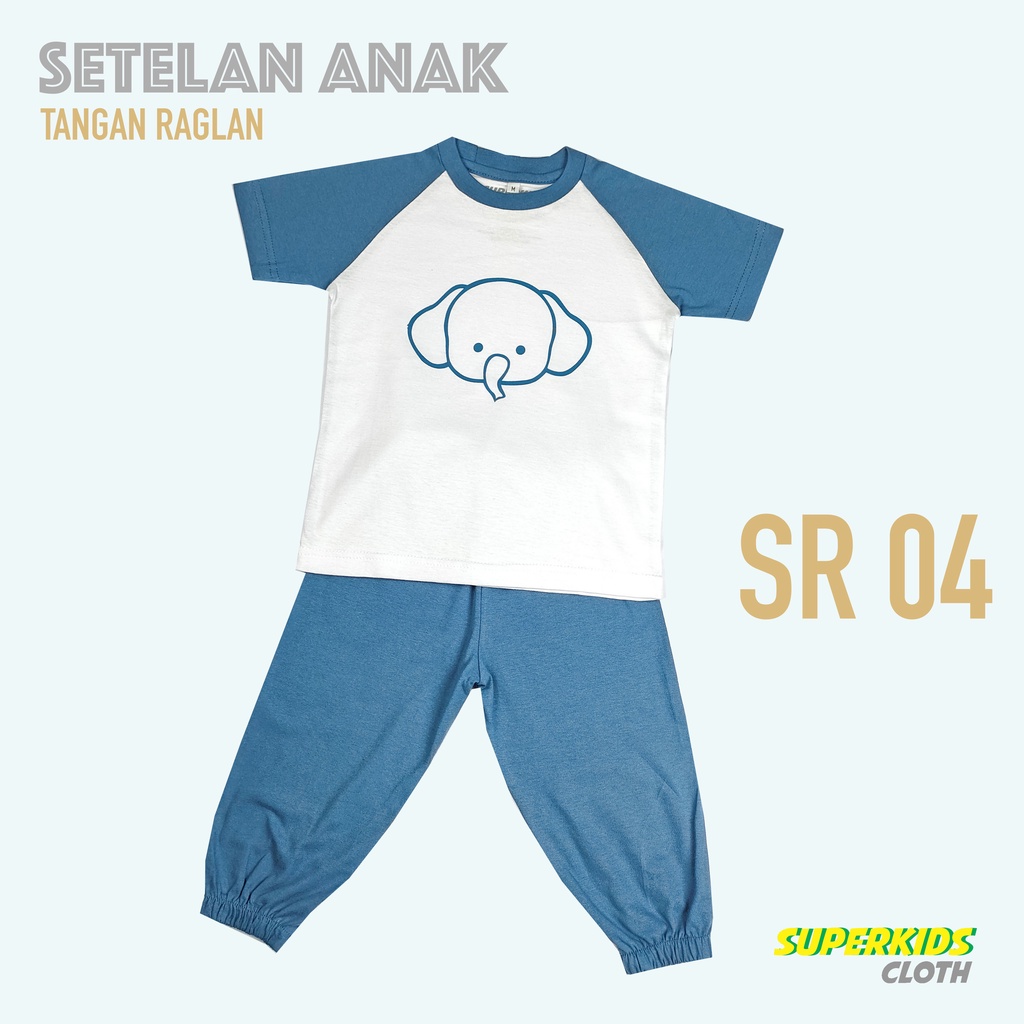Setelan Kaos Playset Anak Setelan Joger Couple Baju Tidur Piyama Anak Raglan Unisex Celana Panjang Biru Elephant