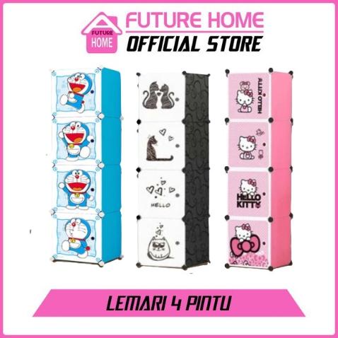 LEMARI PAKAIAN PLASTIK PORTABLE 4 PINTU SERBAGUNA LEMARI KARAKTER ANAK LUCU HEMAT TEMPAT LEMARI ANAK