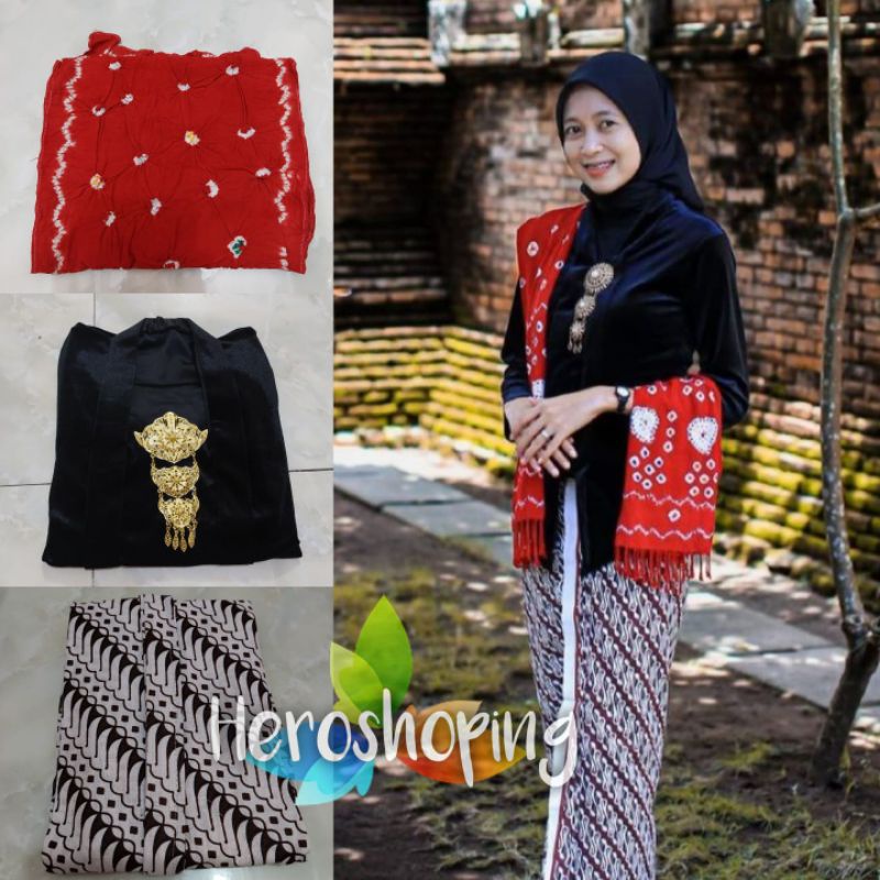 1 Set Kebaya Bludru Hitam + Jarik Wiru Lereng Canting + Selendang Jumputan Merah Cabe