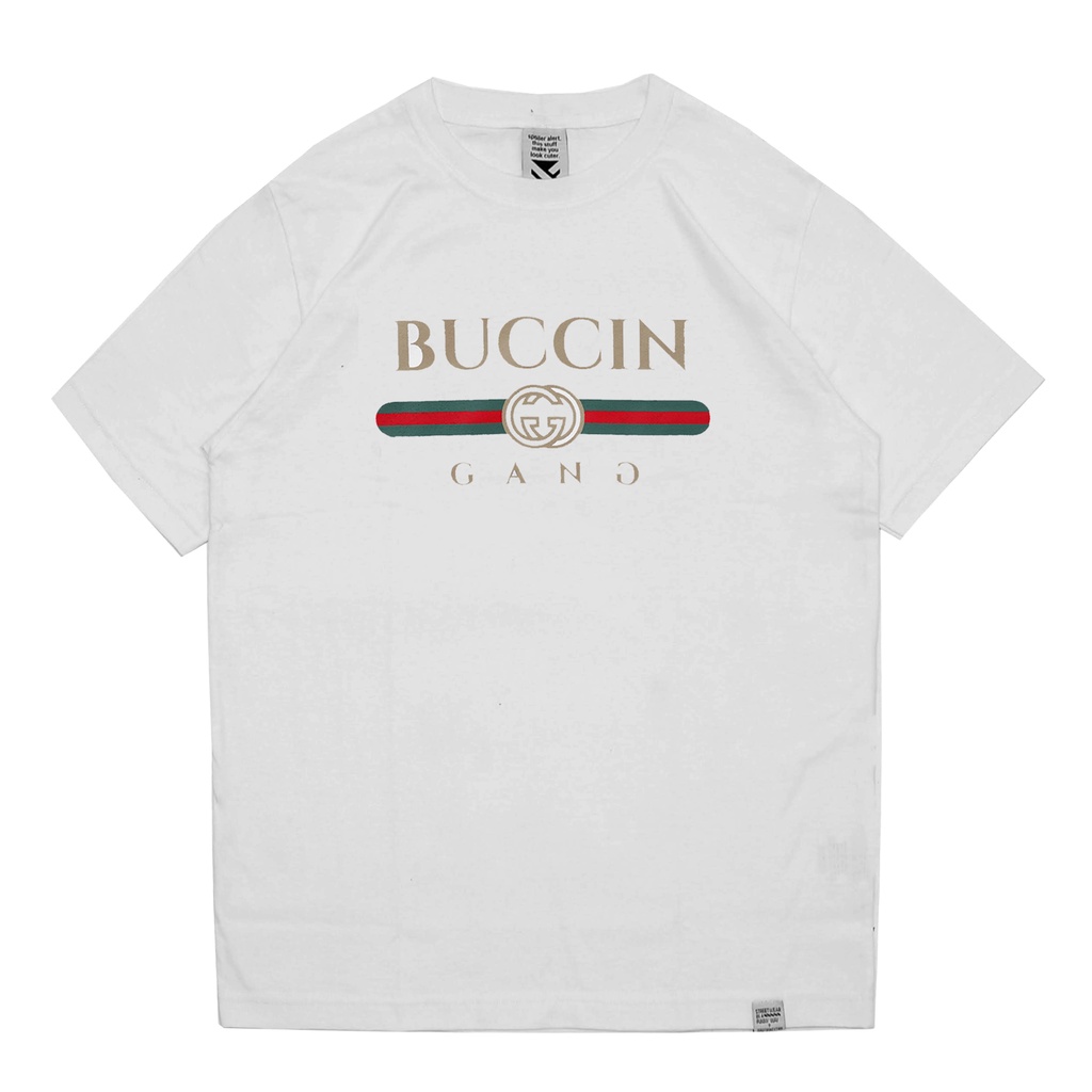 T-shirt Buccin Gang White By ZeroTwentyTwo | Kaos Pria Parodi Plesetan Lucu Bucin