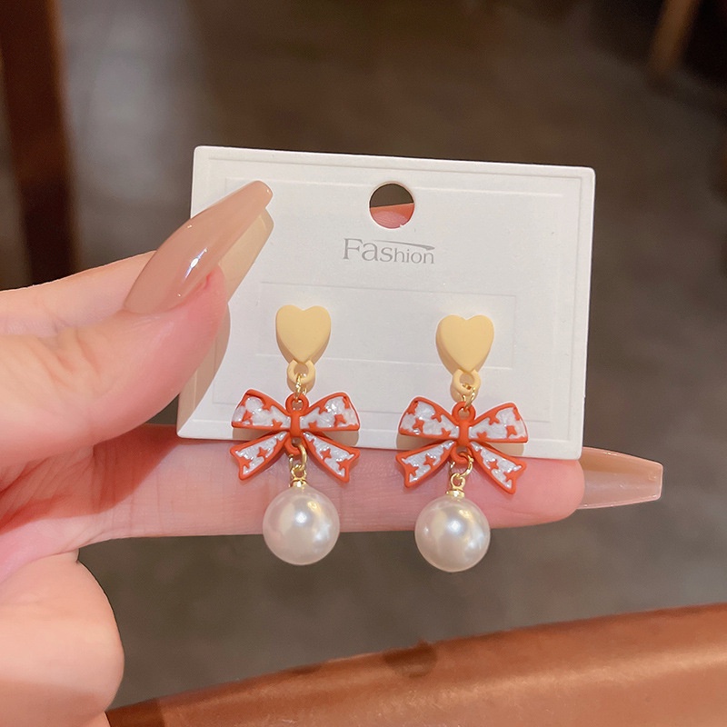 Anting Tusuk Sterling silver 925 Desain Hati / Pita Hias Mutiara Lucu Untuk Wanita