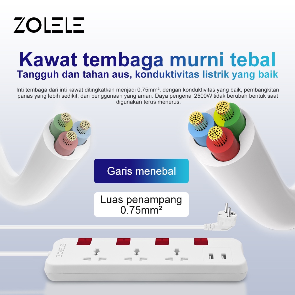 ZOLELE Stop Kontak Kabel Smart Colokan Listrik 3 Lubang Stopkontak 2 USB Port Power Strip 3M Soket Pengaman Lubang Saklar Timer Powerstrip ZK101