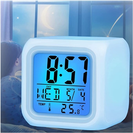 Jam Meja Kubus Weker Moody Clock Kotak Alarm Beker Digital LED Jam Lampu Tidur Berubah 7 Warna + Pengukur suhu Jam