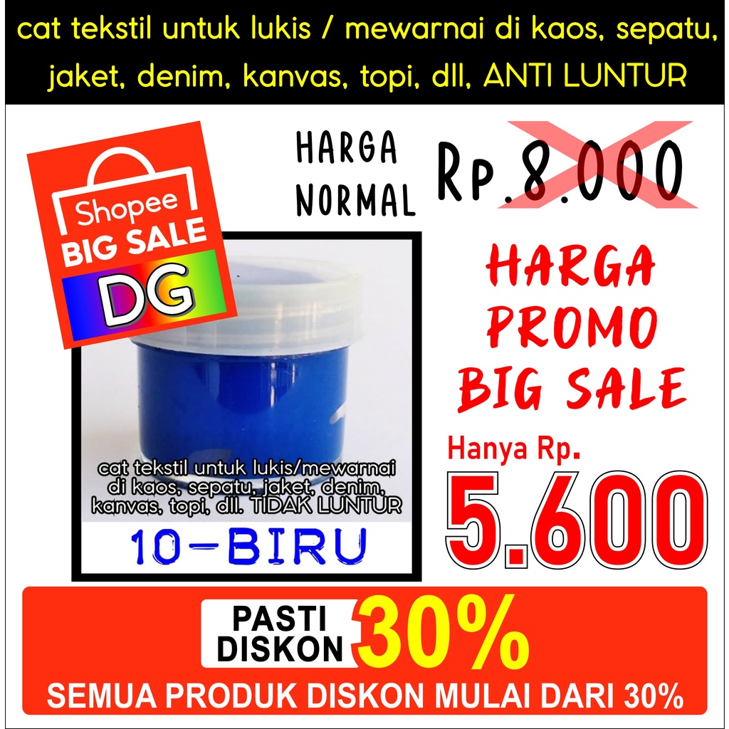 

Warna BIRU - Cat Tekstil utk lukis mewarnai di kaos / tas / sepatu / jeans / jaket / topi / kanvas - langsung pakai ANTI LUNTUR