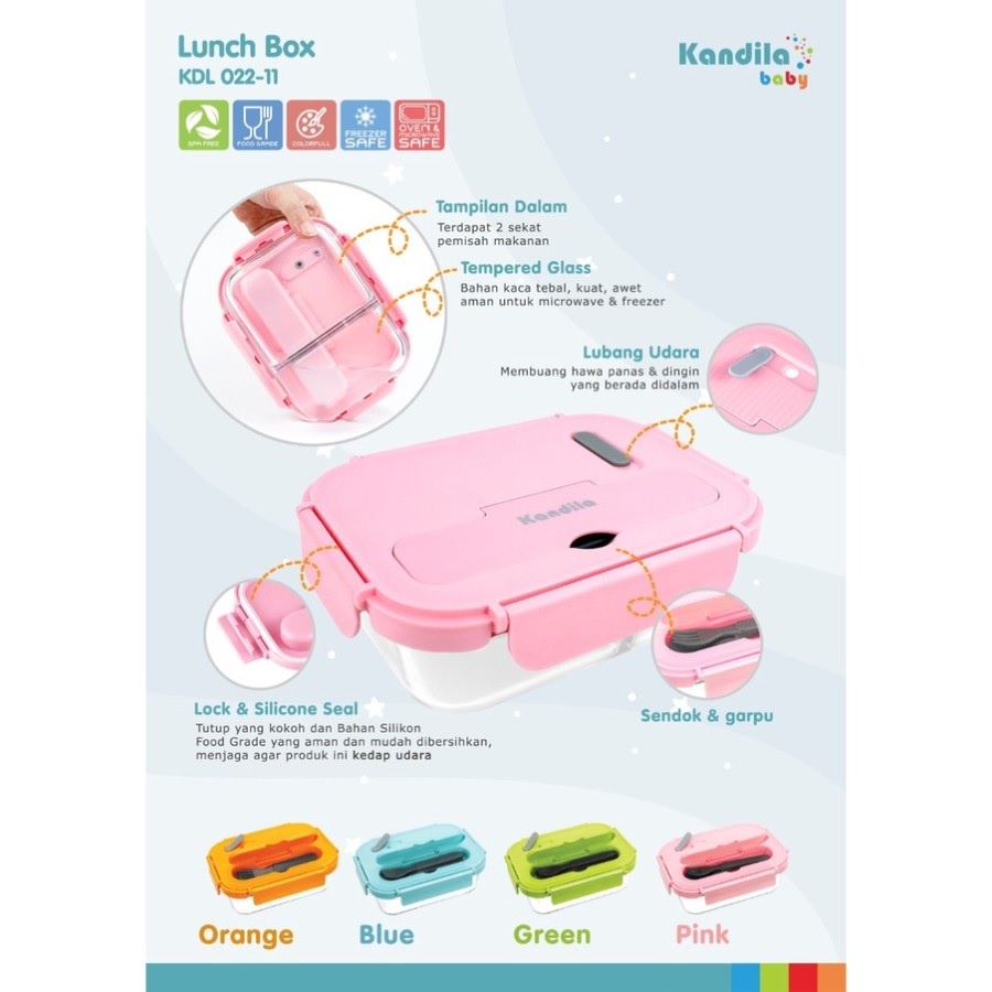 Kandila Baby Glass Lunch Box 2 Sekat 850ml KDL022-11 Kotak Makan Anak WHS