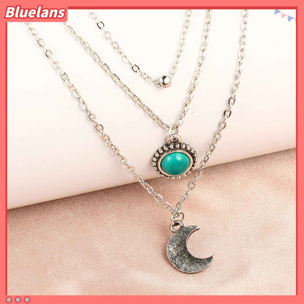 Bluelans Women Multilayer Crescent Moon Faux Turquoise Chain Pendant Necklace Jewelry