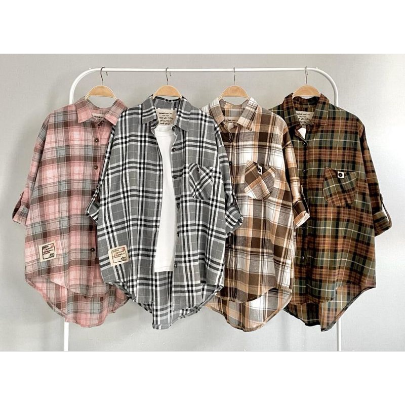 Atasan Kemeja Katun Linen Import Flanel Kotak Keren(Tanpa Dalaman) LuBaNa#6657