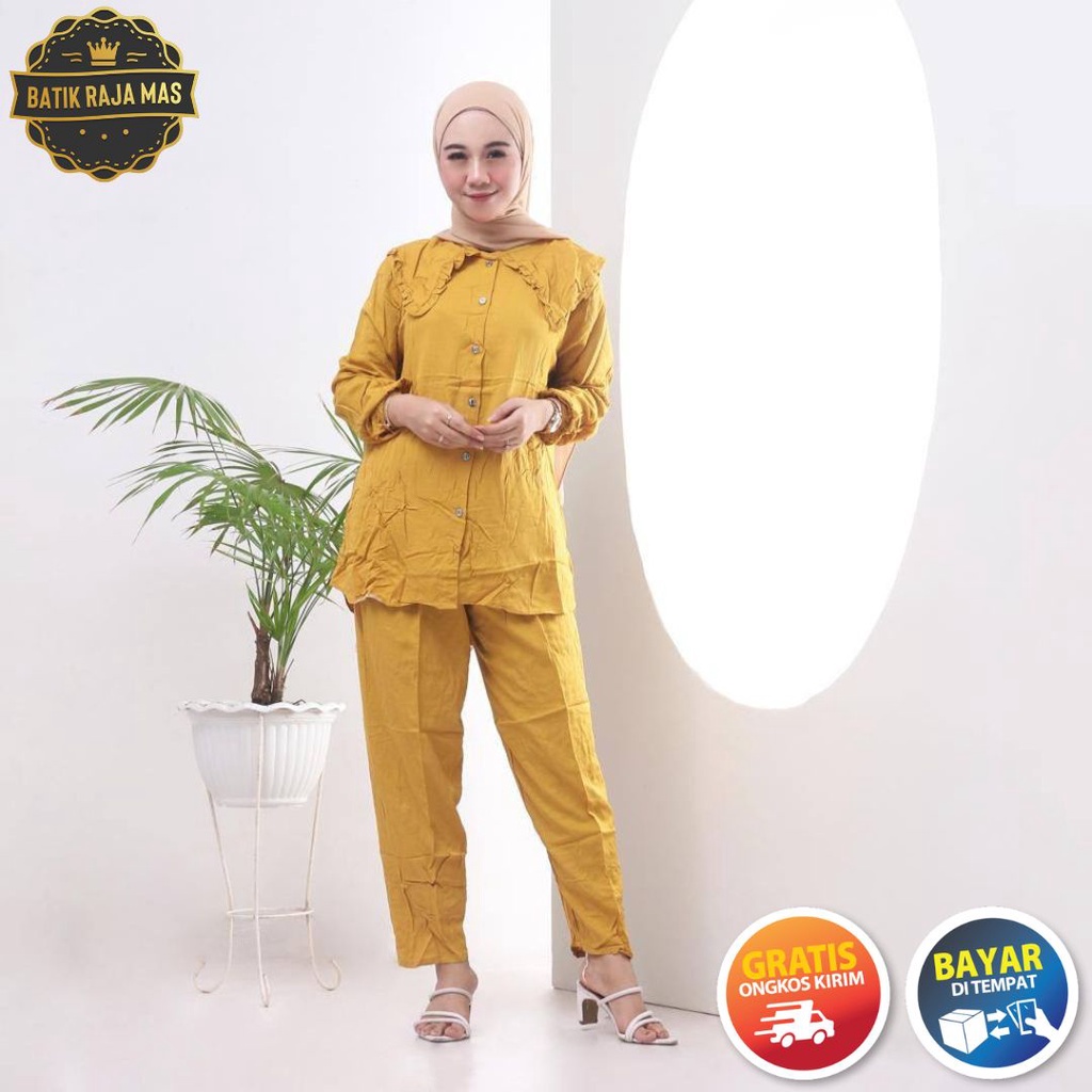 Stelan Wanita Kekinian Dewasa Terbaru Motif Polos Rayon Twill Ori Pekalongan Busui Full Kancing Leng