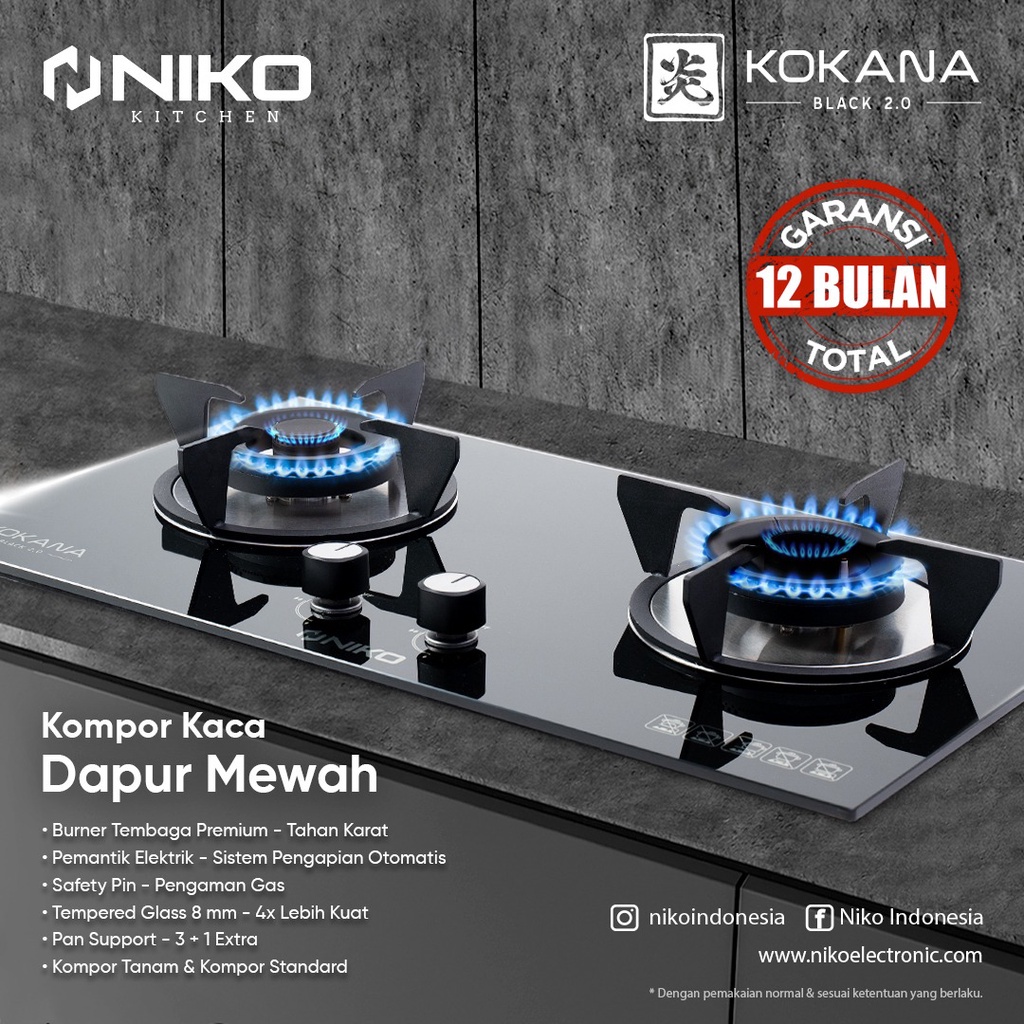 NIKO KOKANA Kompor Gas Kaca 2 tungku Black 2.0 / Kompor Tanam Hitam Niko Kokana Black 2.0