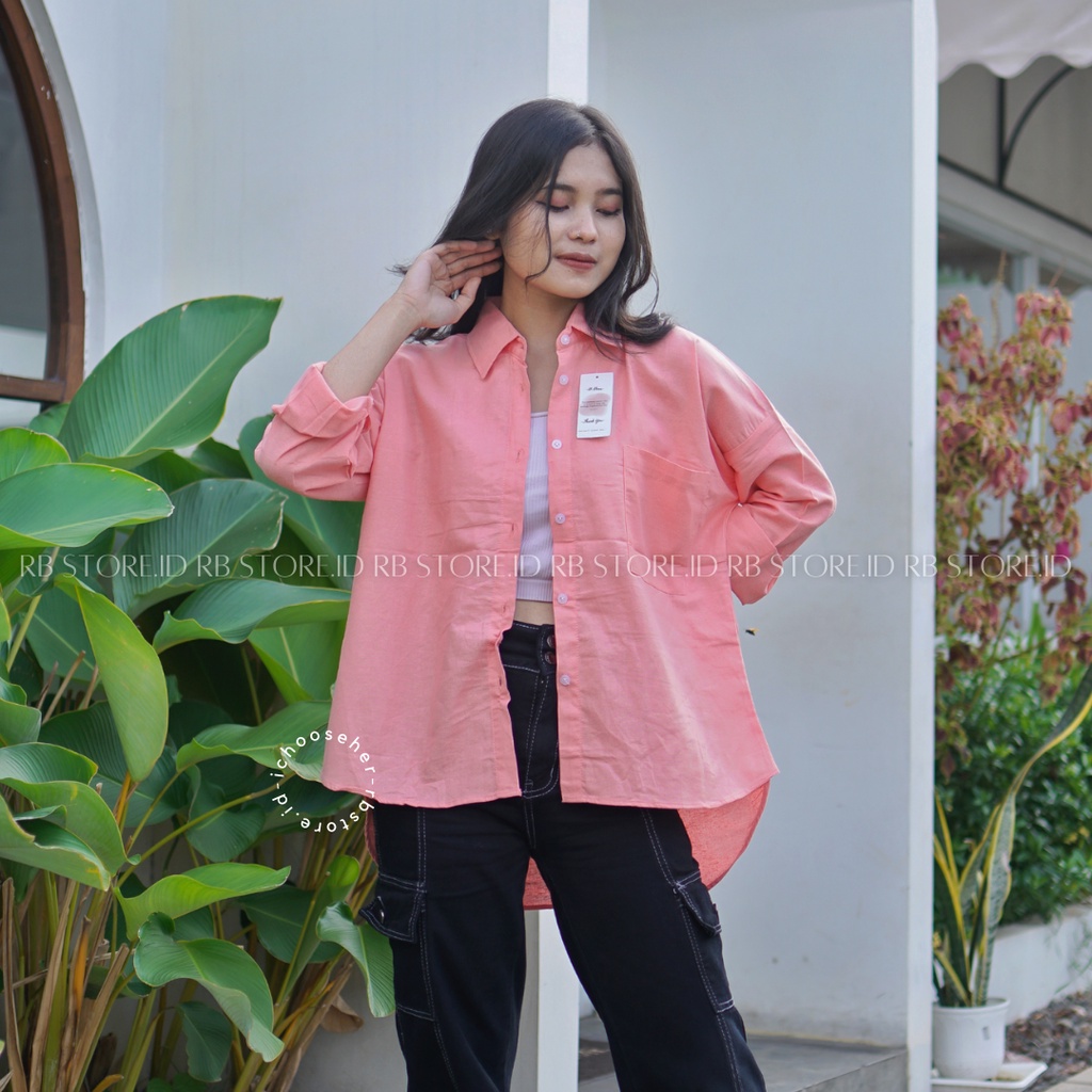 Kemeja Wanita Linen Oversize Olivia Shirt Linen Pocket-OLIVIA PEACH