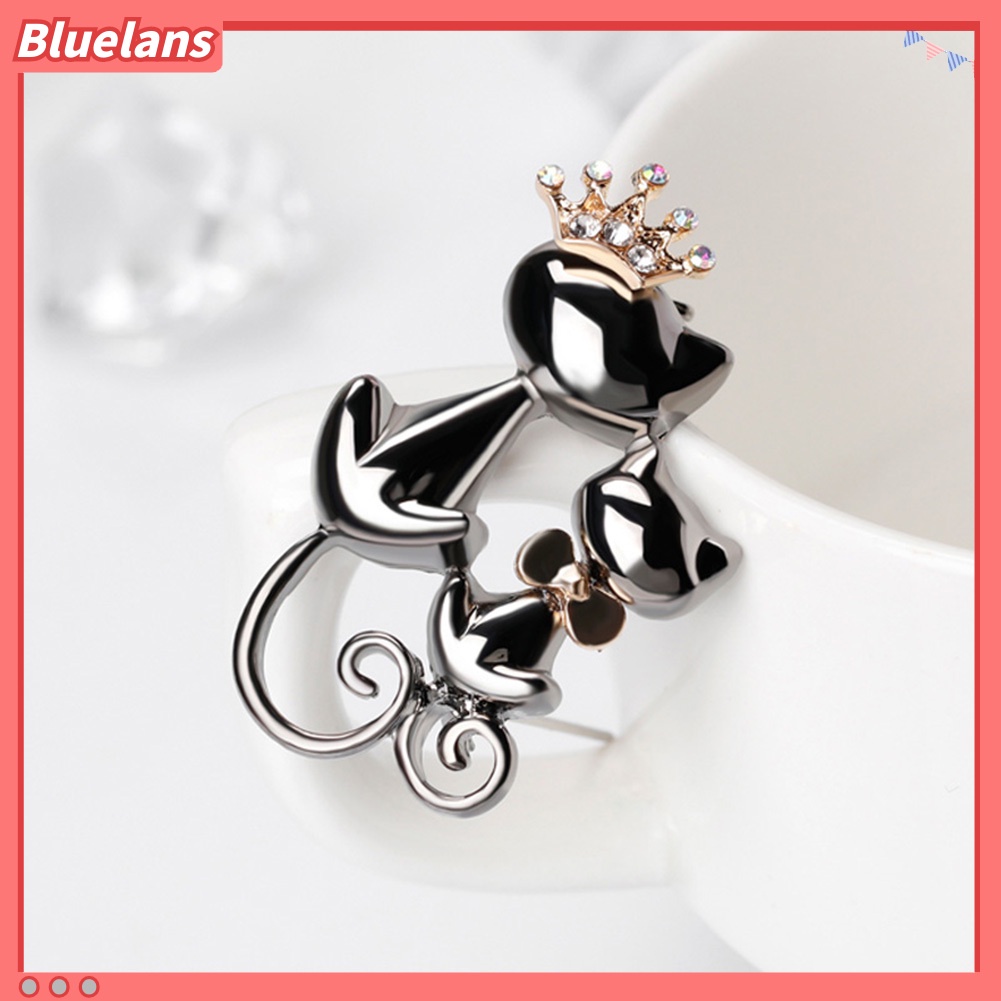 Bluelans Fashion Jewelry Shiny Rhinestone Cute Double Cats Kitten Crown Brooch Pin Gift