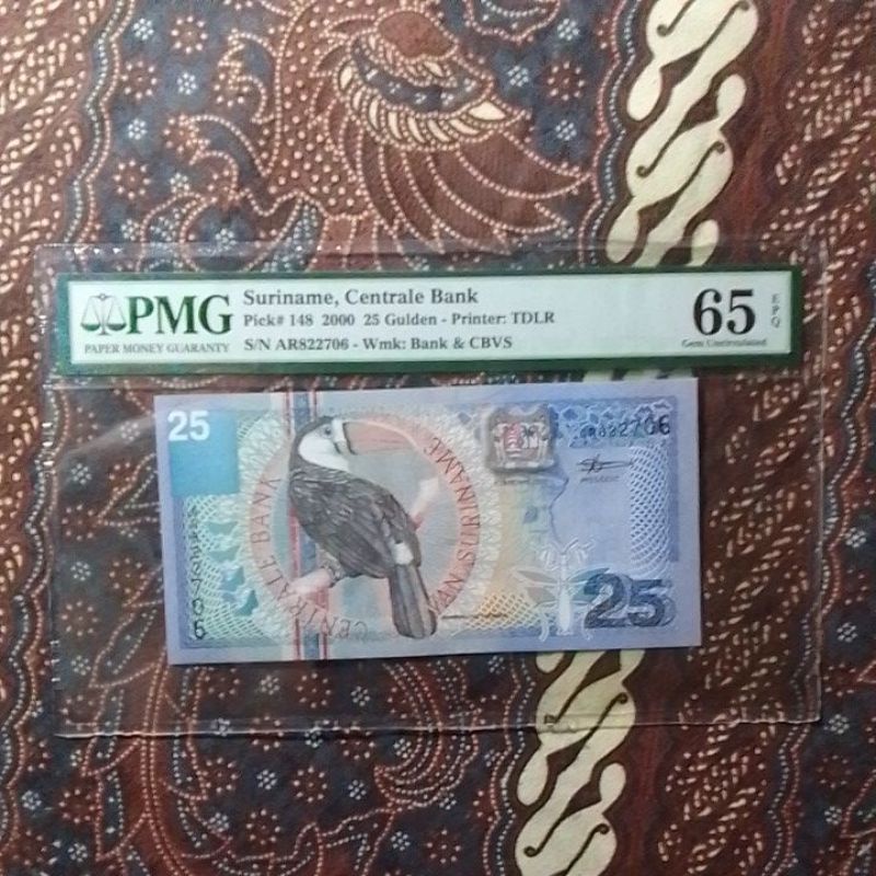 UANG KUNO 25 VIJF EN TWINTIG GULDEN SURINAME PMG 65 EPQ