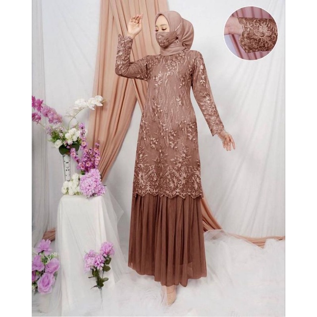 MAXI SANIA /GAMIS FULL BRUKAT DEPAN BELAKANG /GAMIS KONDANGAN /GAMIS UNDANGAN GRATIS MASKER