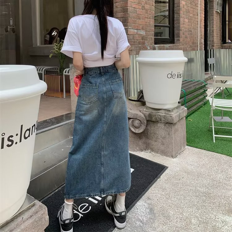 Rok Denim Wanita Tinggi Pinggang Lurus Longgar  Split Panjang Over-The-lutut Rok