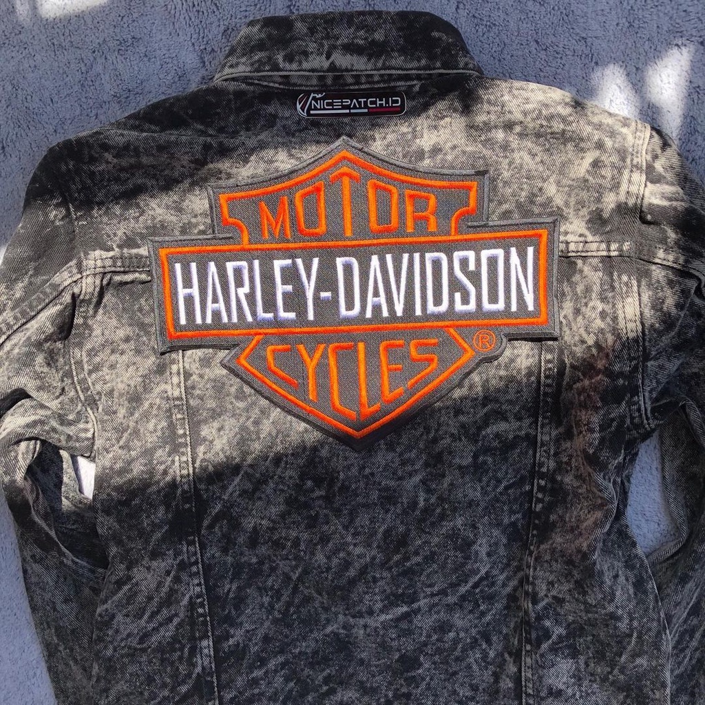 BackPatch Harley Davidson Black Orange Shield Logo Emblem Bordir Jahit Untuk di Punggung Jaket Kulit