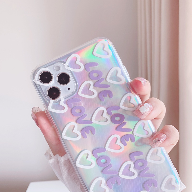 Soft Case Silikon Motif Hati Warna Ungu Laser Untuk Iphone 14 7 8 Se 2020 7 + 8PLUS XS XR 11 12 Mini 13 PRO MAX