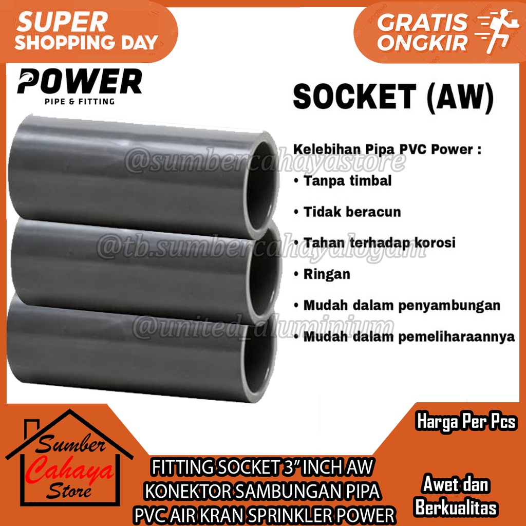 SOKET SOCKET SOK SOCK AW POWER 3” INCH SAMBUNGAN FITTING PIPA LURUS POLOS PVC AIR KRAN KONEKTOR SPRI