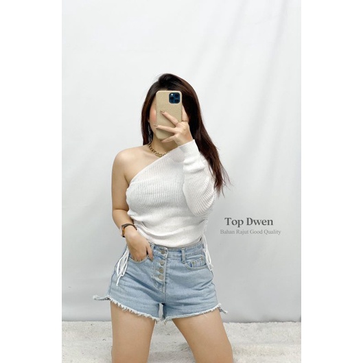 MDLV TOP DWEN RAJUT TOP ONE SHOULDER CROP SERUT RAJUT ATASAN CROP SEXY KOREA TERBARU FASHION WANITA