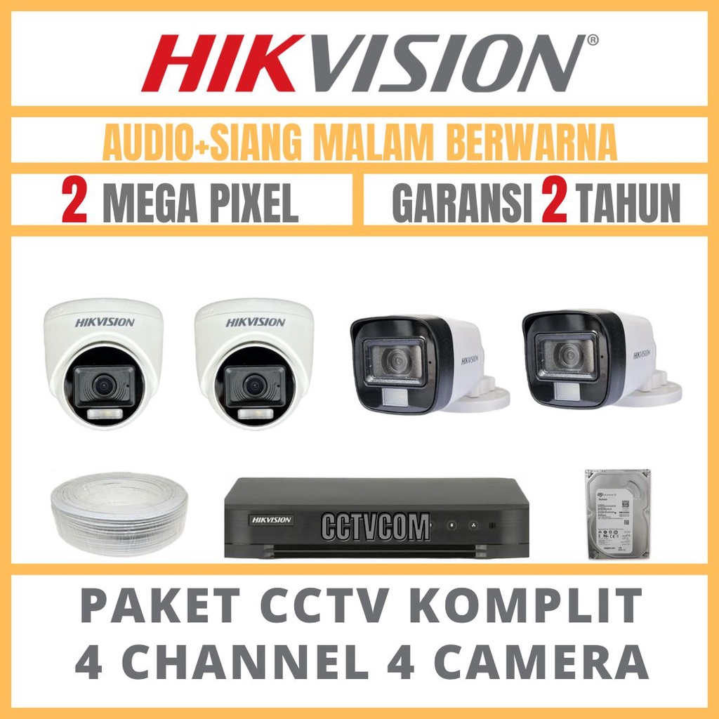 PAKET CCTV HIKVISION COLORVU 2MP 4 CHANNEL 4 CAMERA COLORFULL