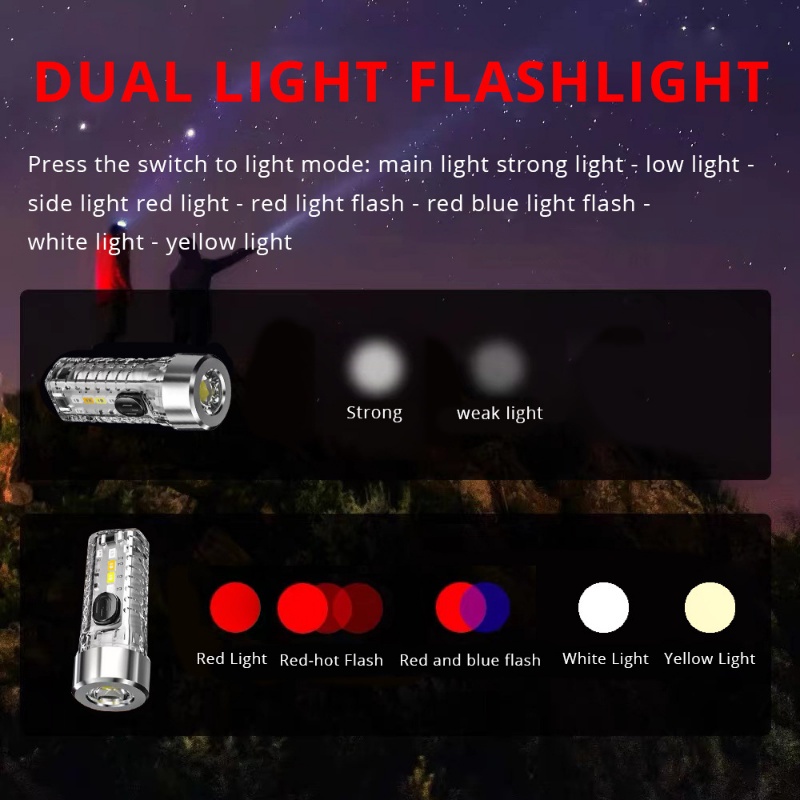 Mini LED Keychain Flashlight USB Rechargeable 7 Modes Multi-function Camping Bright Flashlight for Outdoor
