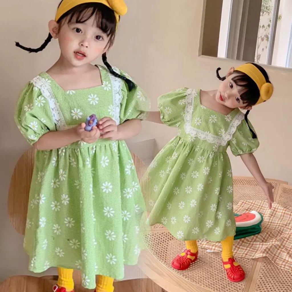 Dress Anak Perempuan Hijau Kotak Bunga Putih Terbaru