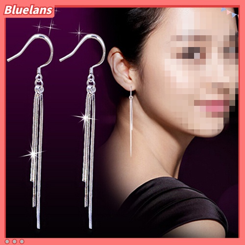 Bluelans Anting Kait Gantung Wanita Lapis Silver Hias Rumbai Slim Untuk Pernikahan
