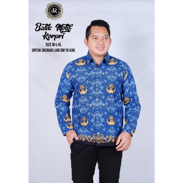 DISKON COD Sutra Putih Seragam Batik PNS Pria KORPRI Badan Furing Lengan Panjang - Biru, M