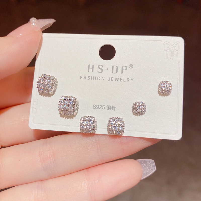 6pcs / Set Anting Tusuk / Stud Bentuk Kotak Dengan Berlian Imitasi Inlaid Untuk Wanita