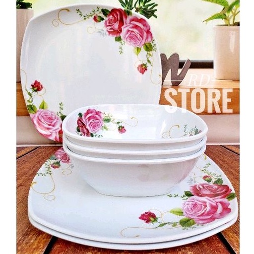 PROMO SET 6.PCS ISI 3.PIRING KOTAK SAJI 3.MANGKOK KOTAK  MELAMINE MOTIF ROSE