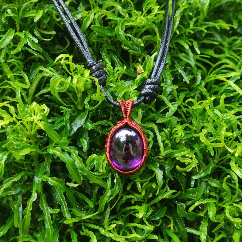 Kalung wire wraping etnik liontin batu akik Kecubung Brazil (S)