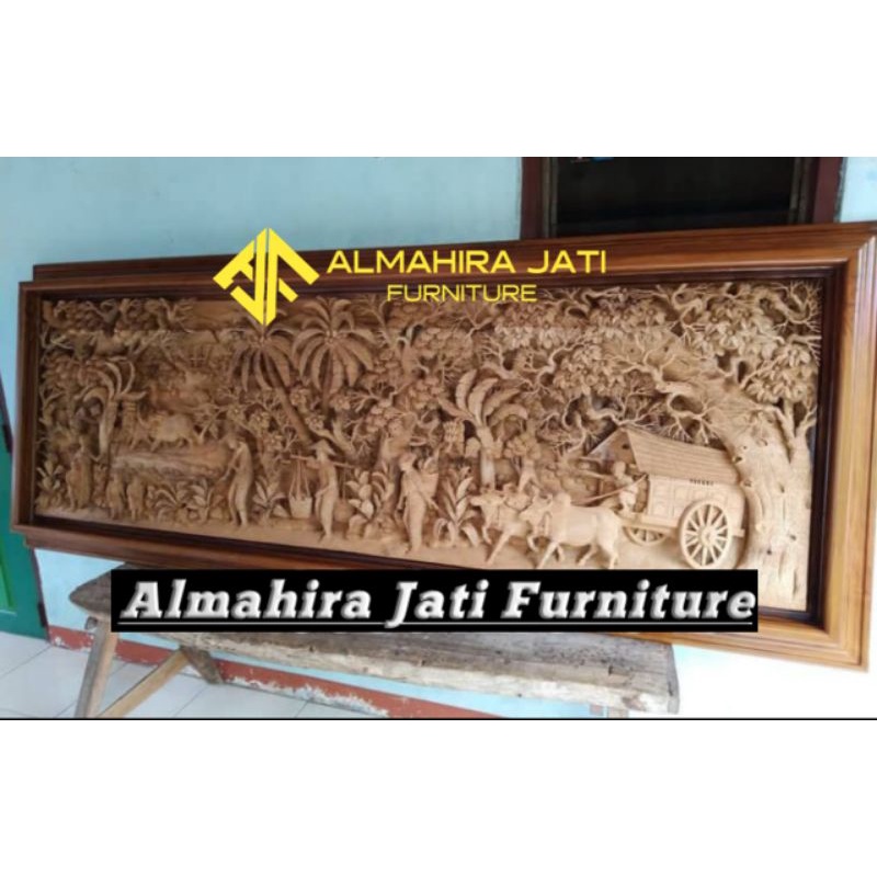 Karya Seni Ukir Relief 3D Kayu Jati Motif Peedesaan / Pertanian