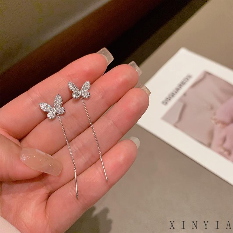 【Bayar di tempat】Mode kecenderungan Korea Selatan Butterfly Anting Rumbai Panjang Desain Kupu-Kupu Aksen Berlian Untuk Wanita