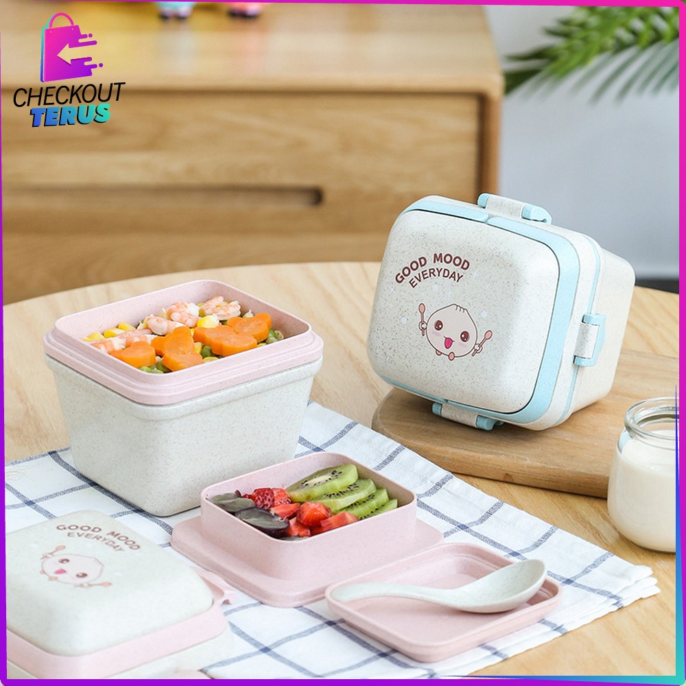 CT C692 Tempat Bekal Bento Set Microwavable Good Mood Everyday Portable BPA FREE Anti Tumpah Free Sendok Bahan PP Jerami Gandum Kotak Makan Lunch Box Set