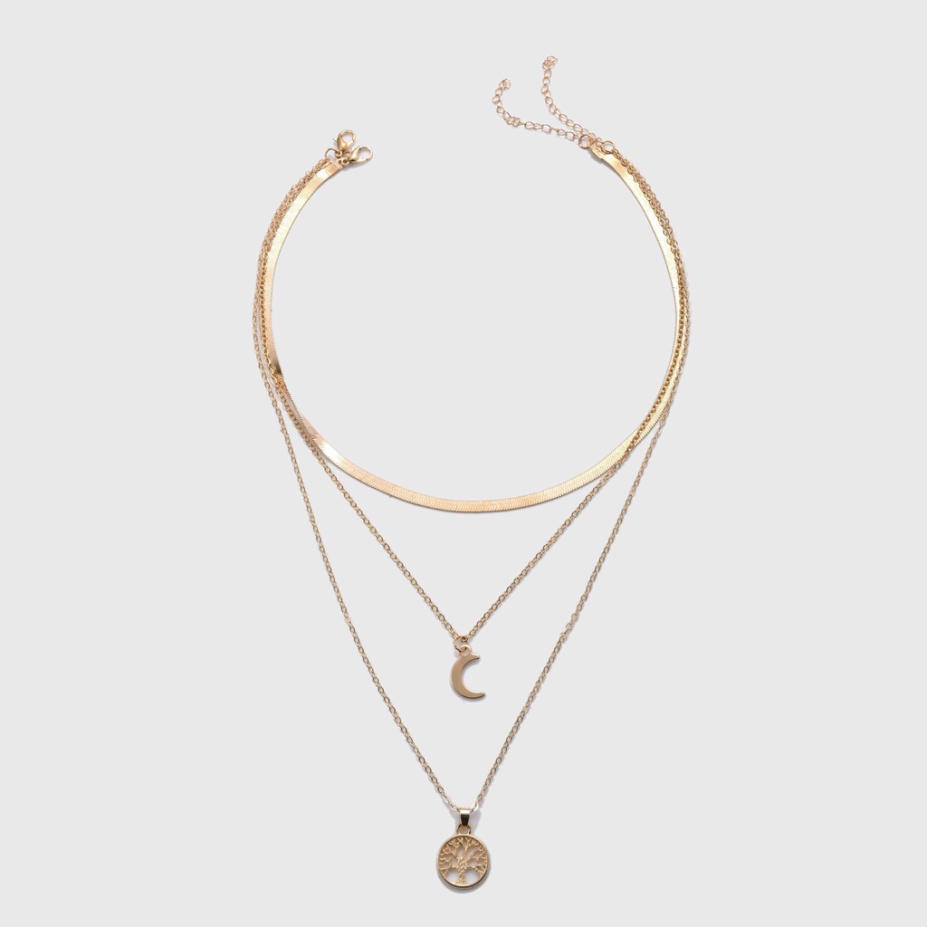 Kalung Multi layer Bahan Alloy Dengan Liontin Bulan Dan Pohon Kehidupan Untuk Wanita