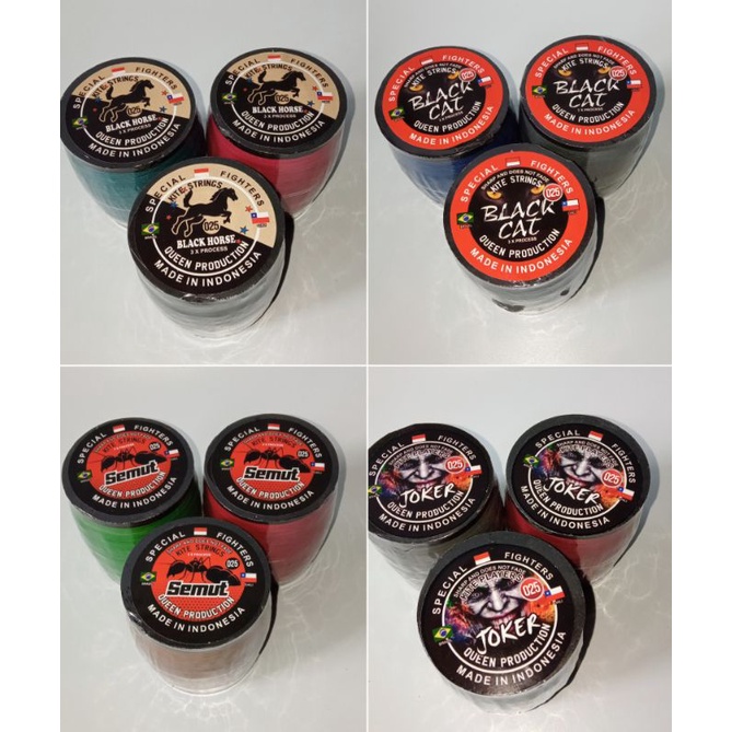 Benang/Gelasan Layangan merk JOKER , BLACK CAT , BLACK HORSE , SEMUT ukuran 0.25