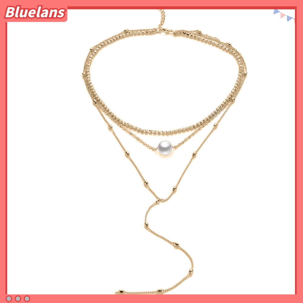 Kalung Choker Rantai Multilayer Hias Mutiara Berlian Imitasi Untuk Wanita