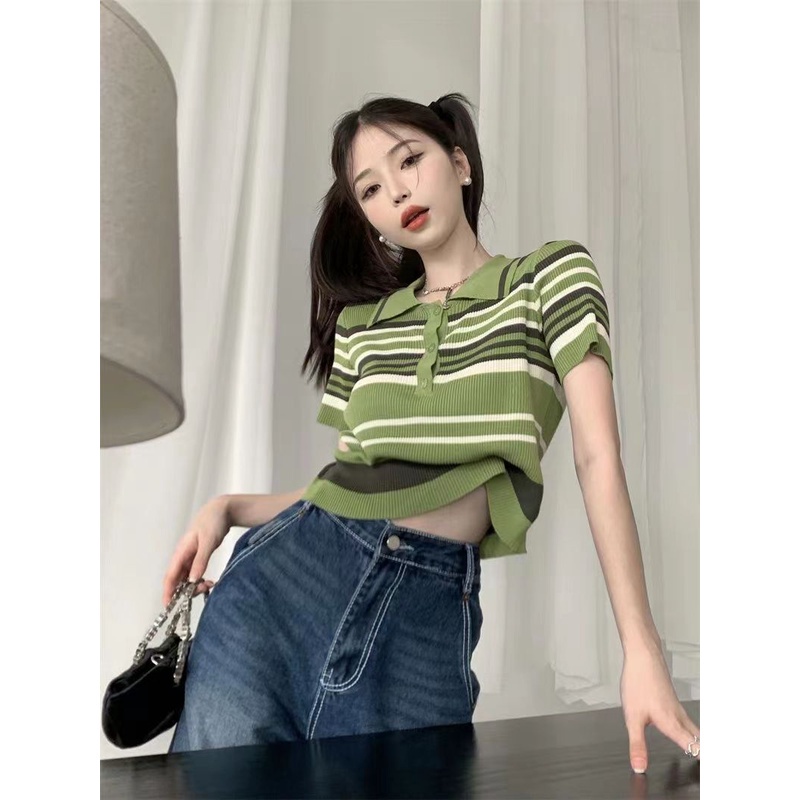 Premium Baju Korean Style Wanita Rajut Stripe Casual Terbaru