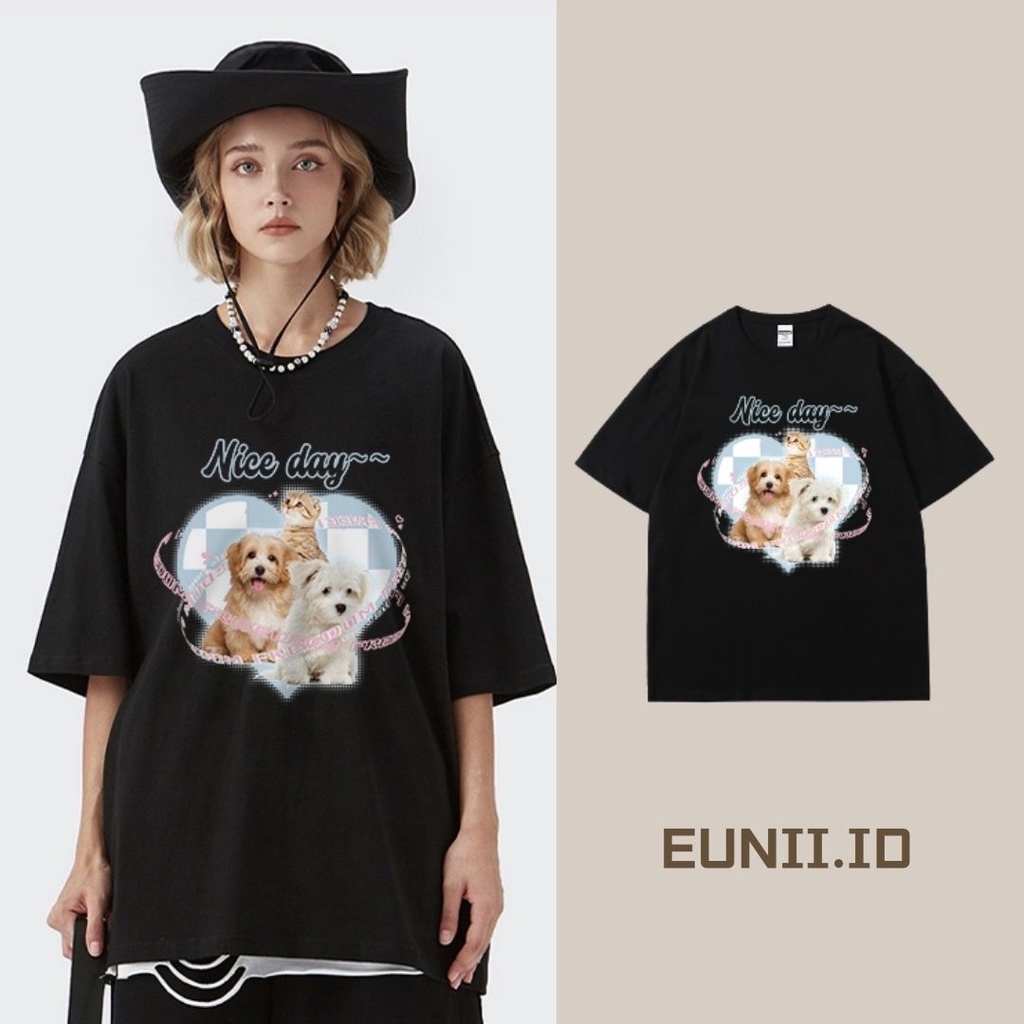 EUNII T-shirt Lengan Pendek Imut Papan Main Dam Kartun Anjing Pencetakan Longgar Korean Style/Kaos Atasan Wanita/Baju Kaus Oversize Wanita