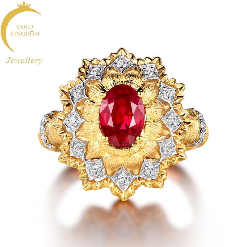 Goldkingdom Perhiasan Fashion 24K Bangkok Aksesoris Ready Stock Teknologi Ukir Emas Asli Kadar 375 Burung Merpati Cincin Permata Merah Dua Warna Emas Asli Kadar 375 Dan Berlian Merah Cincin Gambar Tangan