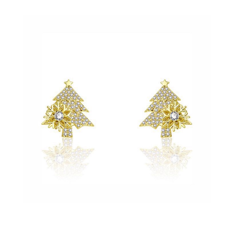 Fancyqube Anting Stud Kristal Zircon Bentuk Pohon Natal Snowflake Gaya Korea Untuk Wanita
