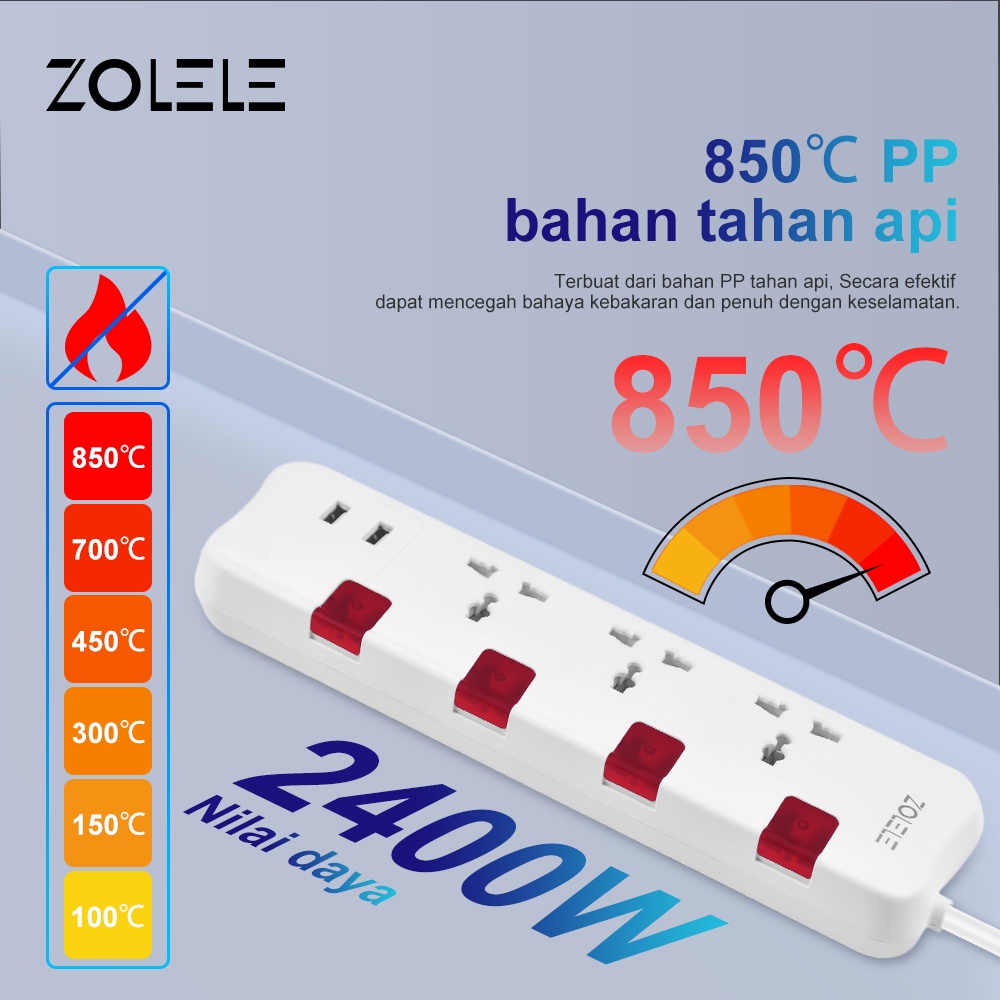 ZOLELE Stop Kontak Kabel Smart Colokan Listrik 3 Lubang Stopkontak 2 USB Port Power Strip 3M Soket Pengaman Lubang Saklar Timer Powerstrip ZK101