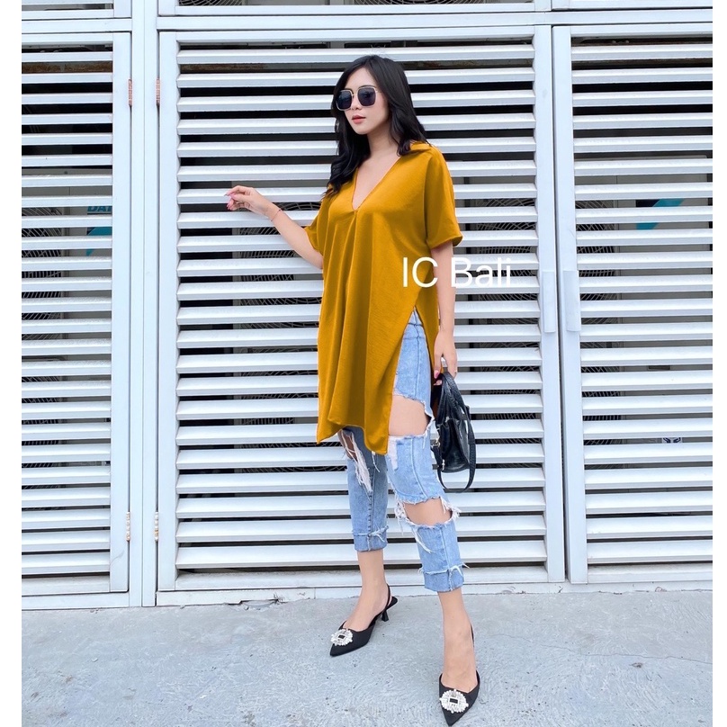 LONG  SQUARE  V NECK TOP ATASAN BLOUSE WANITA   AIRFLOW KRINGKLE TS001